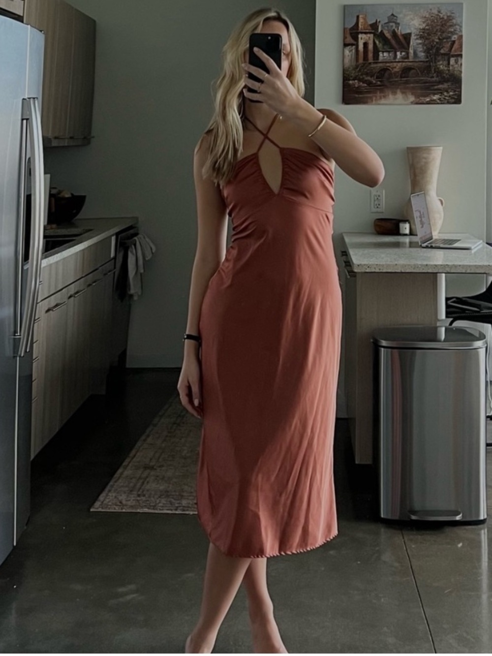 Abercrombie & Fitch Copper Satin Halter Keyhole Slip Midi Dress Size Small - Picture 2 of 10